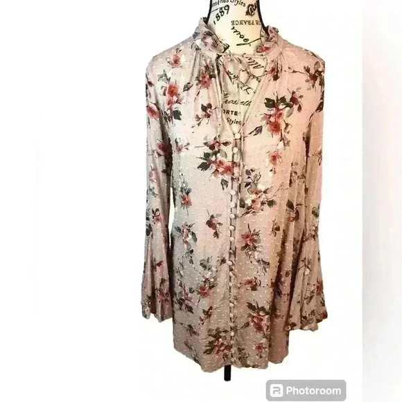 En Creme Women’s Small Dusty Pink Floral Swiss Dot Blouse Tie Front Bell L/S - Picture 1 of 8